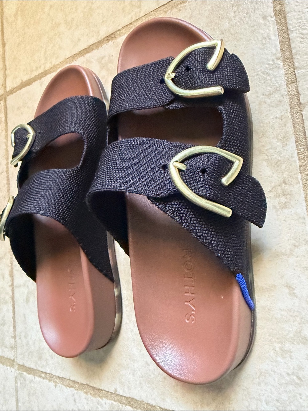 Rothy's Black Slide Sandals with Gold Buckles - Picture 3 of 5